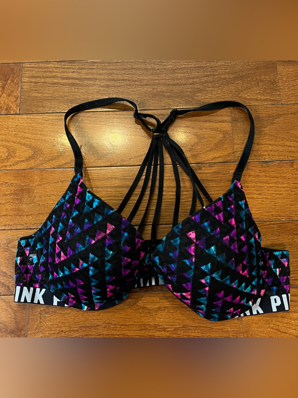 PINK Victoria’s Secret Geo Print Strappy Racerback Bra Women’s 36B - Picture 4 of 10